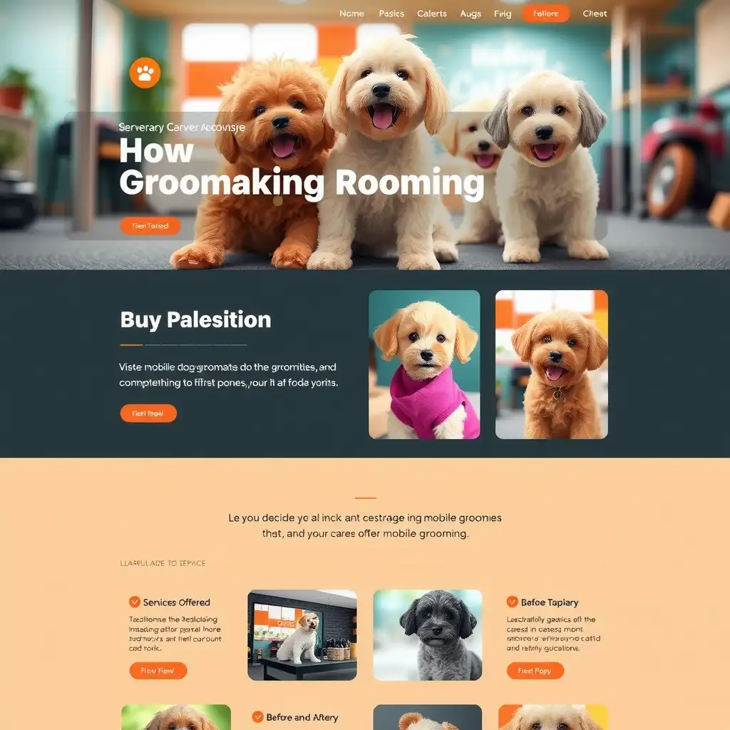 Website layout for a mobile dog grooming service featuring happy dogs, easy navigation, and warm colors.