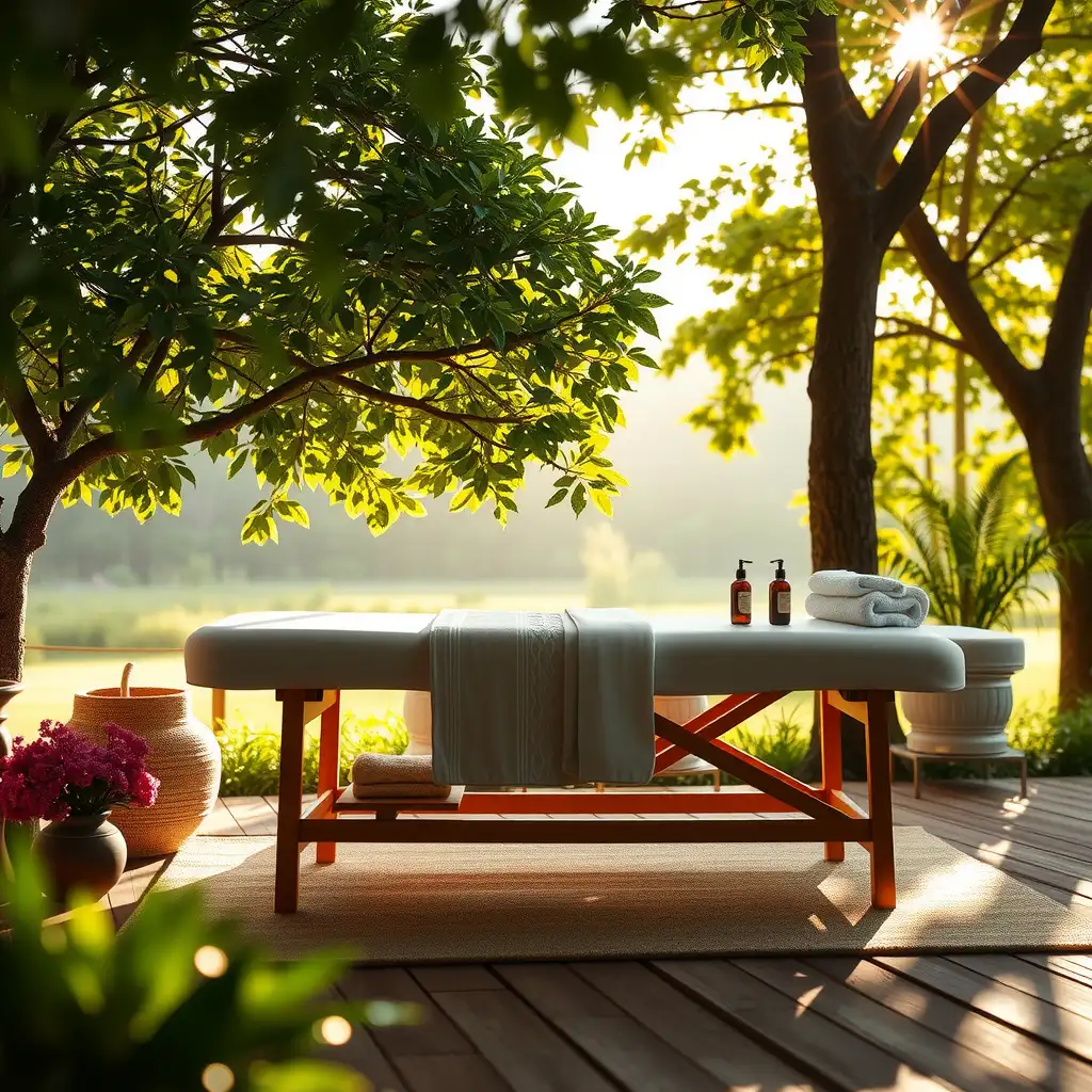 A serene mobile massage therapy setup in a tranquil outdoor setting, featuring a comfortable massage table surrounded by lush greenery and natural elements.