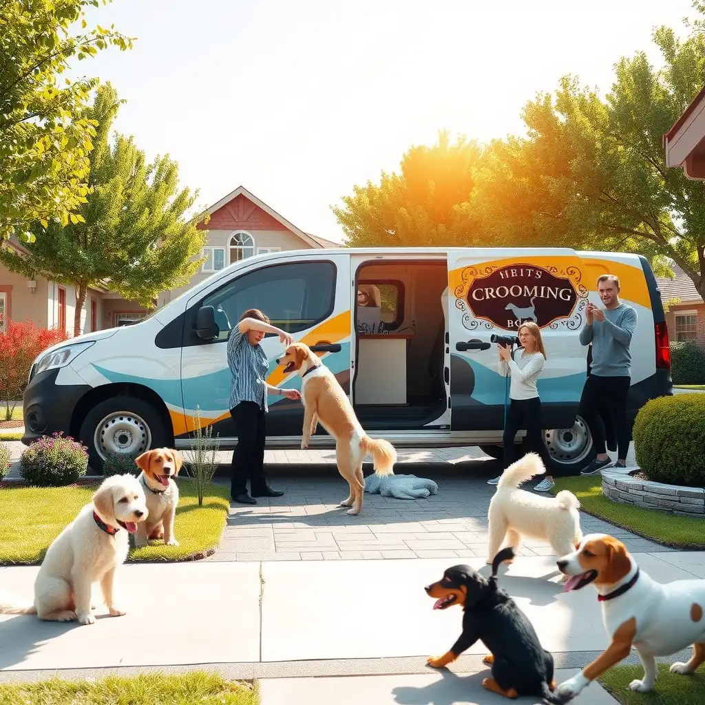 A mobile pet grooming van parked in a vibrant suburban neighborhood, with a groomer caring for a happy dog amidst well-kept gardens and friendly pet owners.