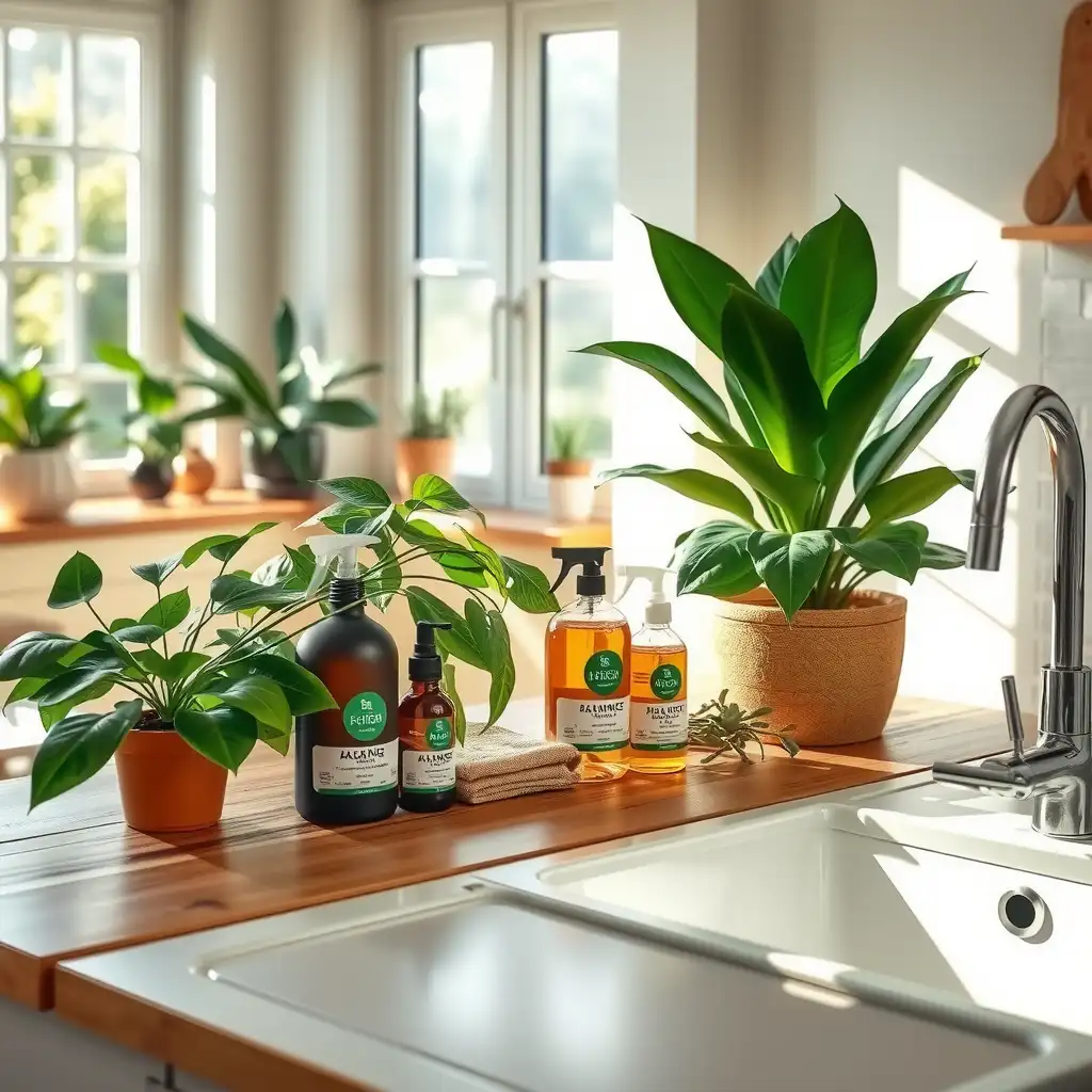 A bright and inviting kitchen workspace featuring eco-friendly cleaning products arranged on a wooden countertop, surrounded by lush houseplants and a sparkling sink, conveying a sense of cleanliness and sustainability.