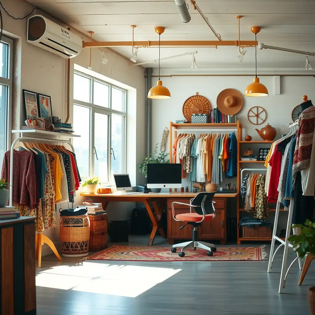 Stylish workspace for a vintage clothing shop, featuring colorful garments on racks, chic accessories, and nostalgic decor elements.