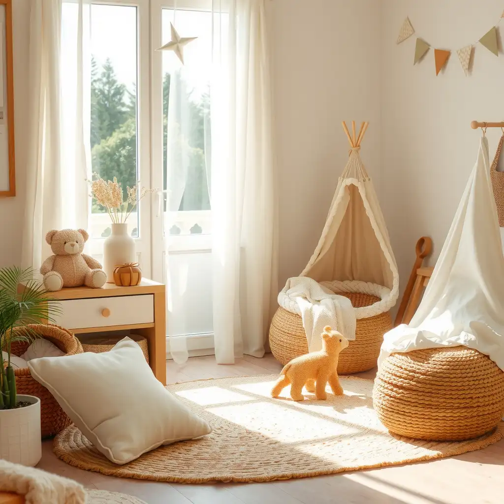 A beautifully arranged nursery featuring organic baby clothing, soft natural fabrics, and eco-friendly decor, creating a warm and inviting atmosphere.