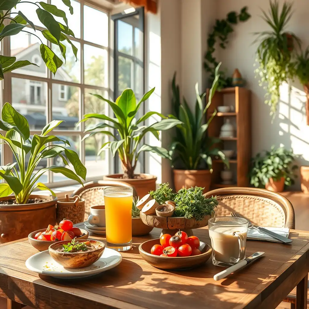 Cozy organic café interior featuring vibrant dishes, freshly brewed beverages, and lush indoor plants, conveying a warm and health-conscious atmosphere.