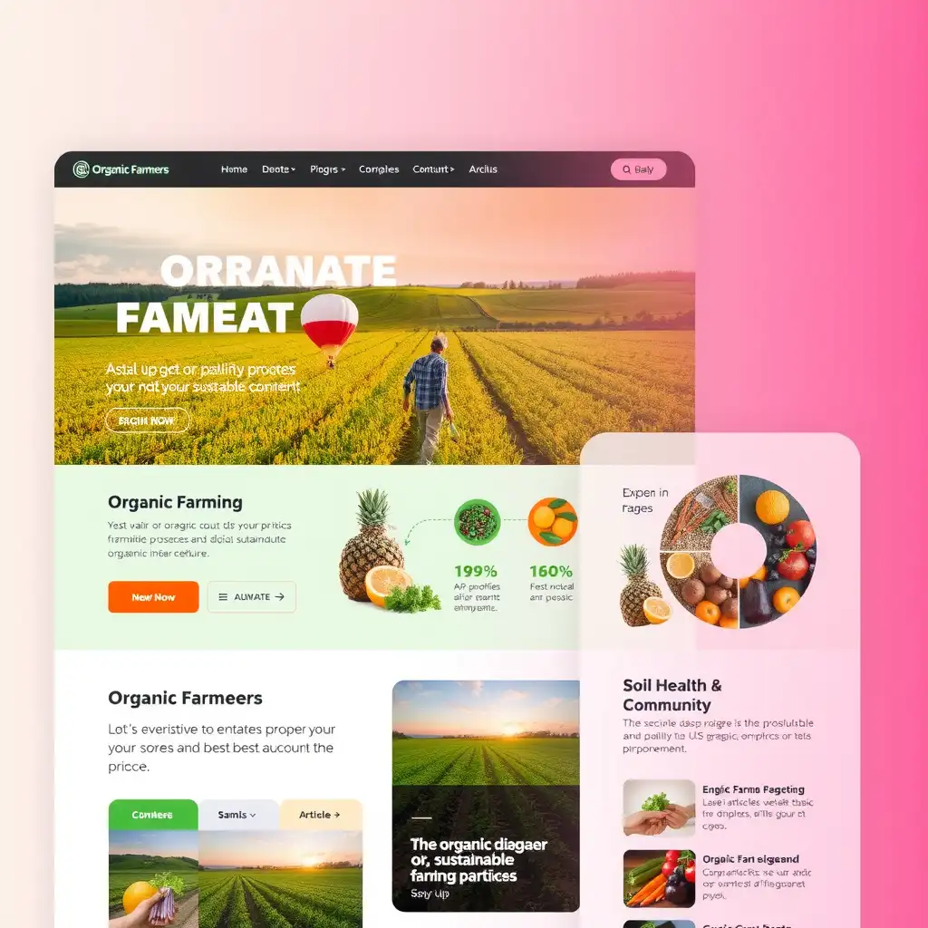 Vibrant website interface for organic farmers featuring high-quality images of produce, sustainable practices, and an inviting color palette.