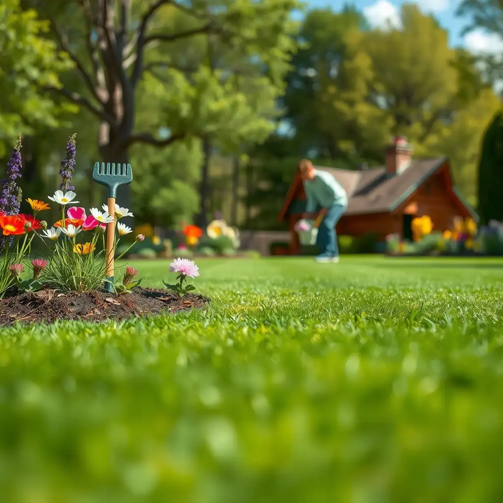 Lush organic lawn with vibrant flowers, native plants, and a gardener tending to the landscape, showcasing eco-friendly gardening tools and a sense of sustainability.