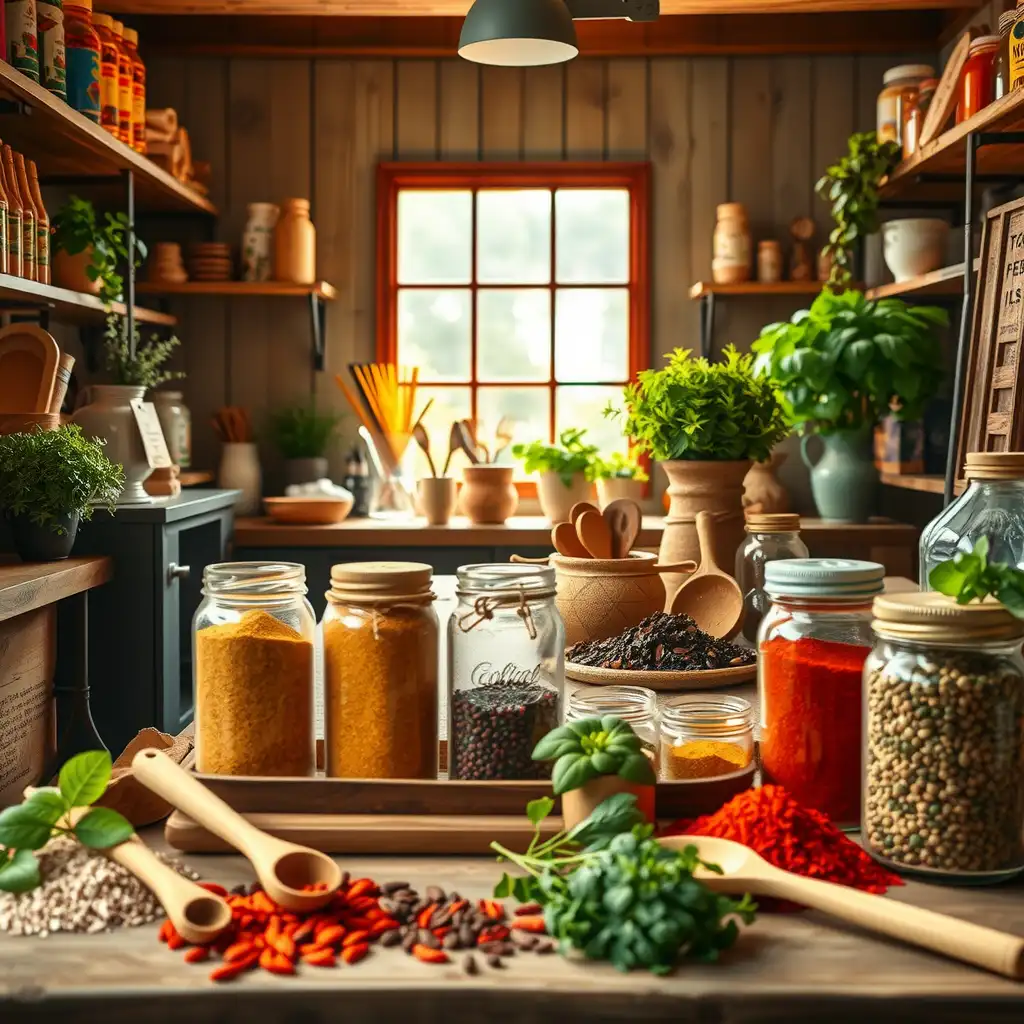 A vibrant workspace of an organic spice company featuring colorful spice jars, fresh herbs, and natural wooden utensils against a rustic backdrop.