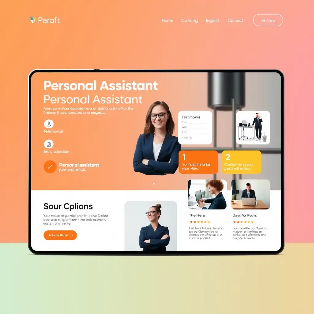 A modern personal assistant website interface featuring vibrant colors, user-friendly navigation, and engaging content sections.