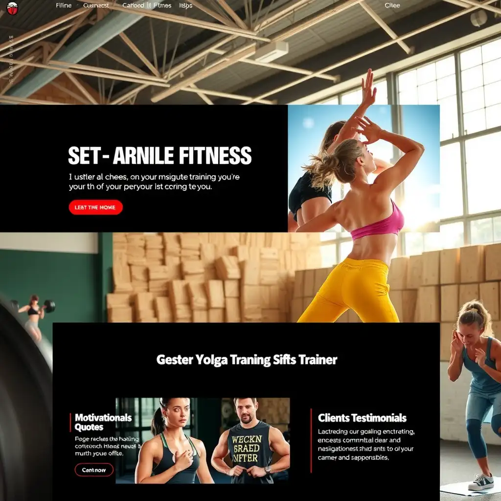 Dynamic homepage design for a personal fitness trainer, featuring vibrant visuals of various fitness activities, motivational quotes, and testimonials, all emphasizing community and personal growth.