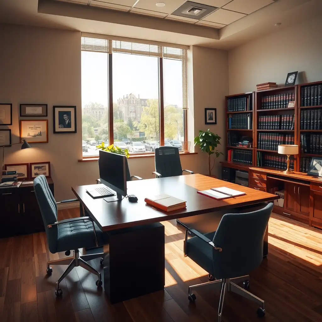 Professional office setting for a personal injury law firm, featuring a sleek desk, legal books, and client consultation areas, with warm lighting and decorative accents that convey trust and expertise.