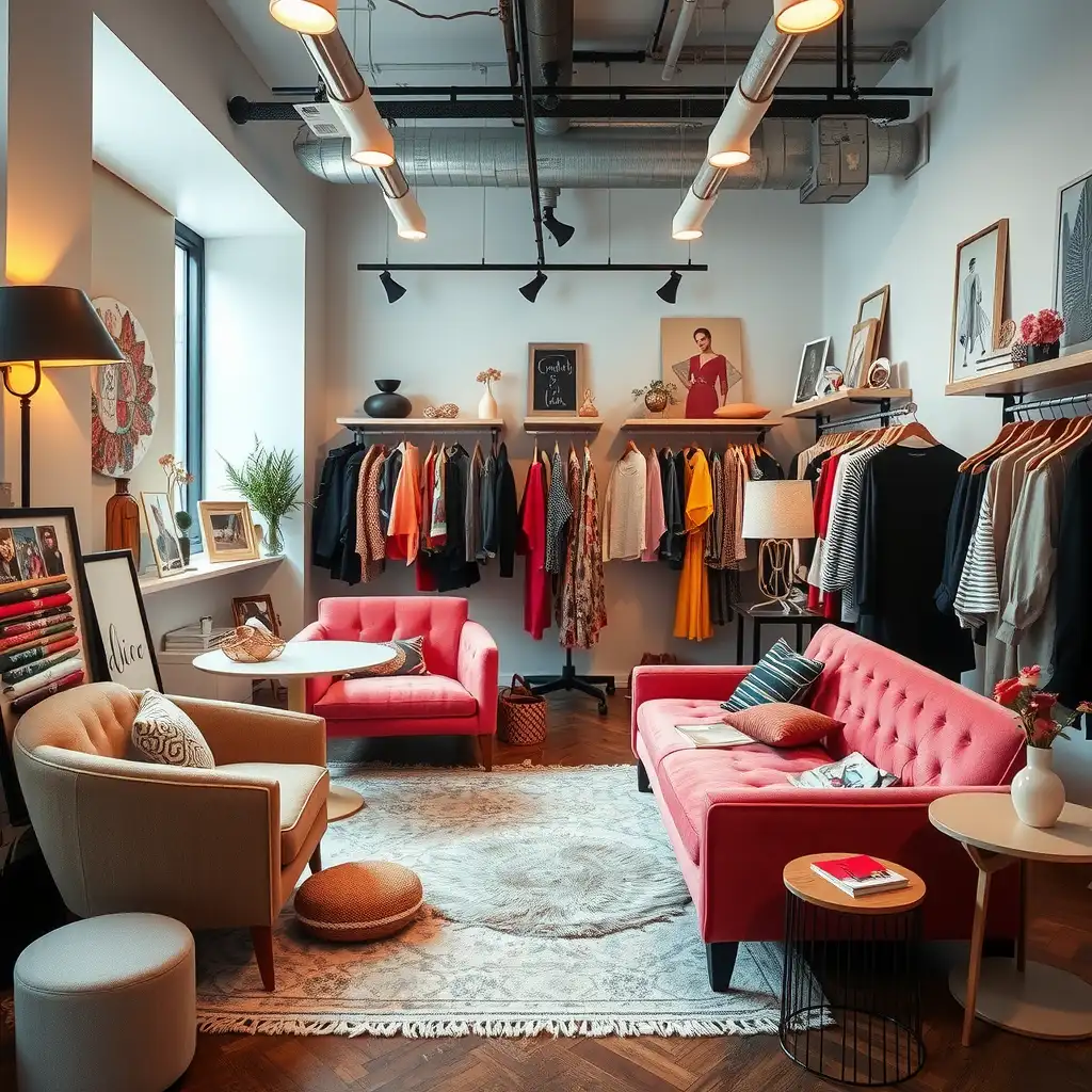 Chic and inviting personal stylist workspace showcasing stylish clothing racks, plush seating, fashion accessories, fabric swatches, and mood boards in a modern studio setting.