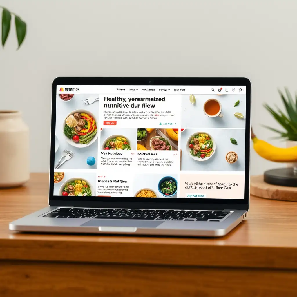 A modern website layout for a personalized nutrition coach displayed on a sleek laptop, featuring vibrant food imagery, interactive meal plans, and client testimonials.