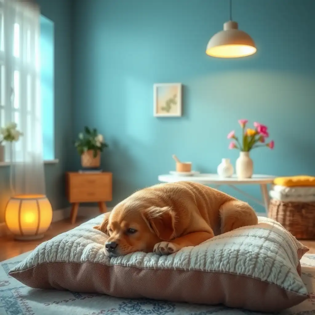 A serene acupuncture therapy room for pets, featuring calming colors, plush bedding, and acupuncture needles, creating a peaceful atmosphere for holistic healing.