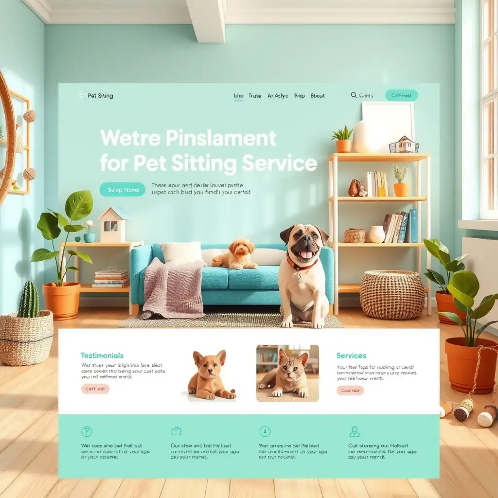 Homepage design for a pet sitting service, featuring happy pets, cozy environments, and sections for testimonials and services, all reflecting warmth and professionalism.