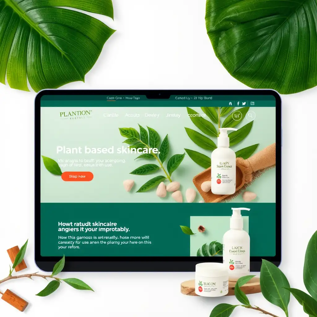 A modern plant-based skincare brand website design featuring a bright and inviting layout with natural elements, soft textures, and engaging content sections.