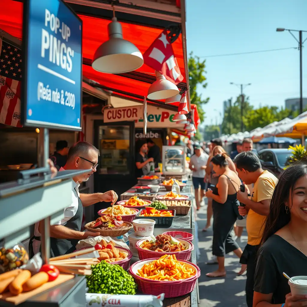 A vibrant outdoor food market scene featuring diverse pop-up vendors, colorful dishes being prepared and served, and happy customers enjoying their meals in a lively atmosphere.