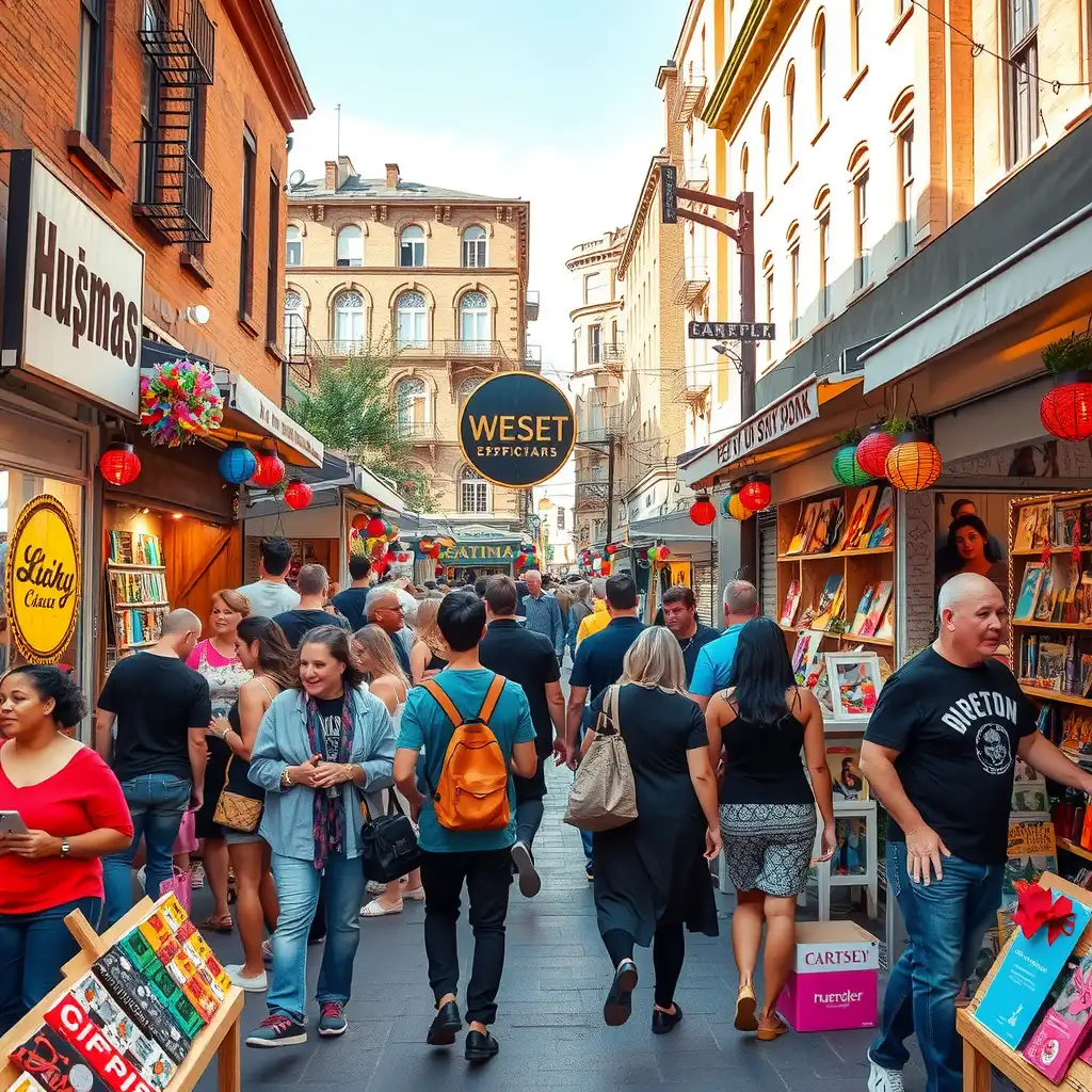 A vibrant pop-up shop scene featuring colorful product displays, engaged shoppers interacting with vendors, and a lively atmosphere that reflects community spirit and creativity.