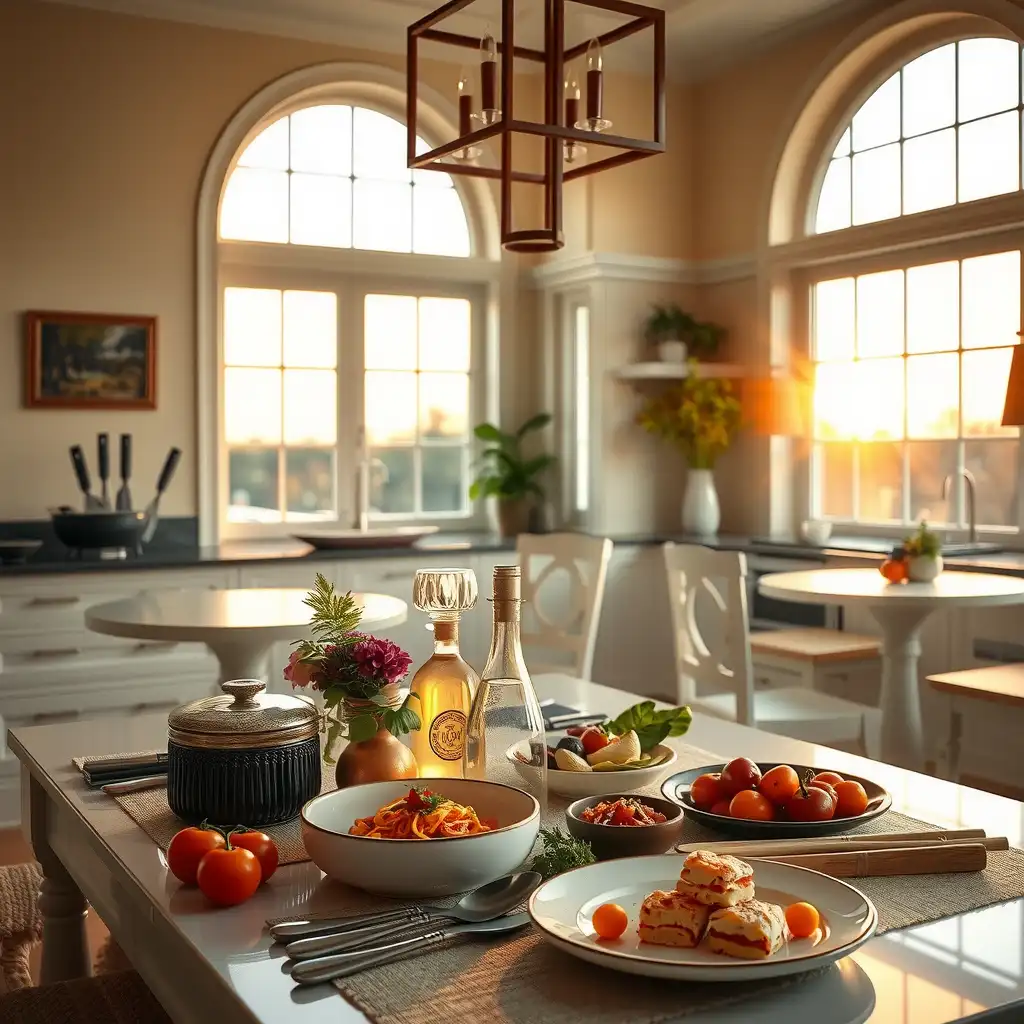 Elegant kitchen setting designed for a private chef, featuring a beautifully arranged dining table with gourmet dishes and fresh ingredients, bathed in warm light.