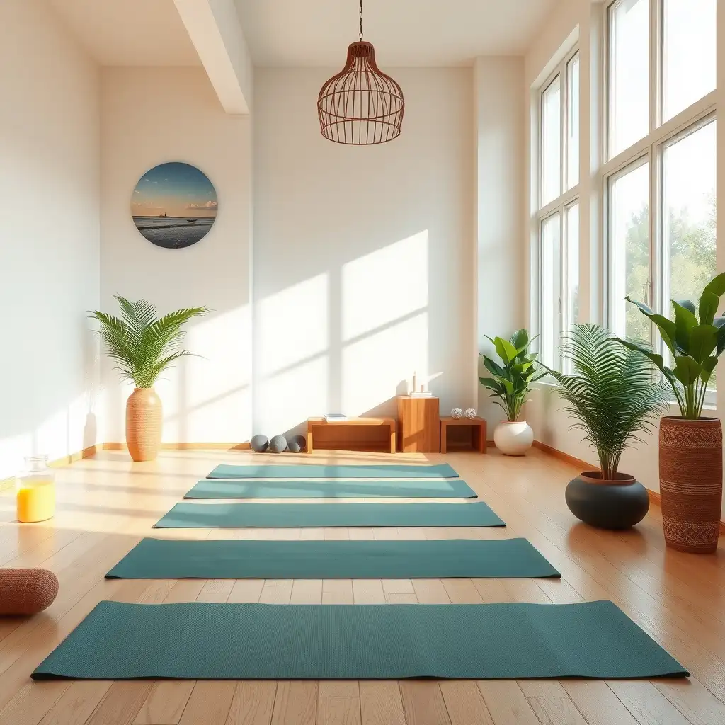 A serene yoga studio with natural light, featuring neatly arranged yoga mats, calming decor like plants and candles, and personal touches such as journals or books, creating an inviting atmosphere for mindfulness and tranquility.