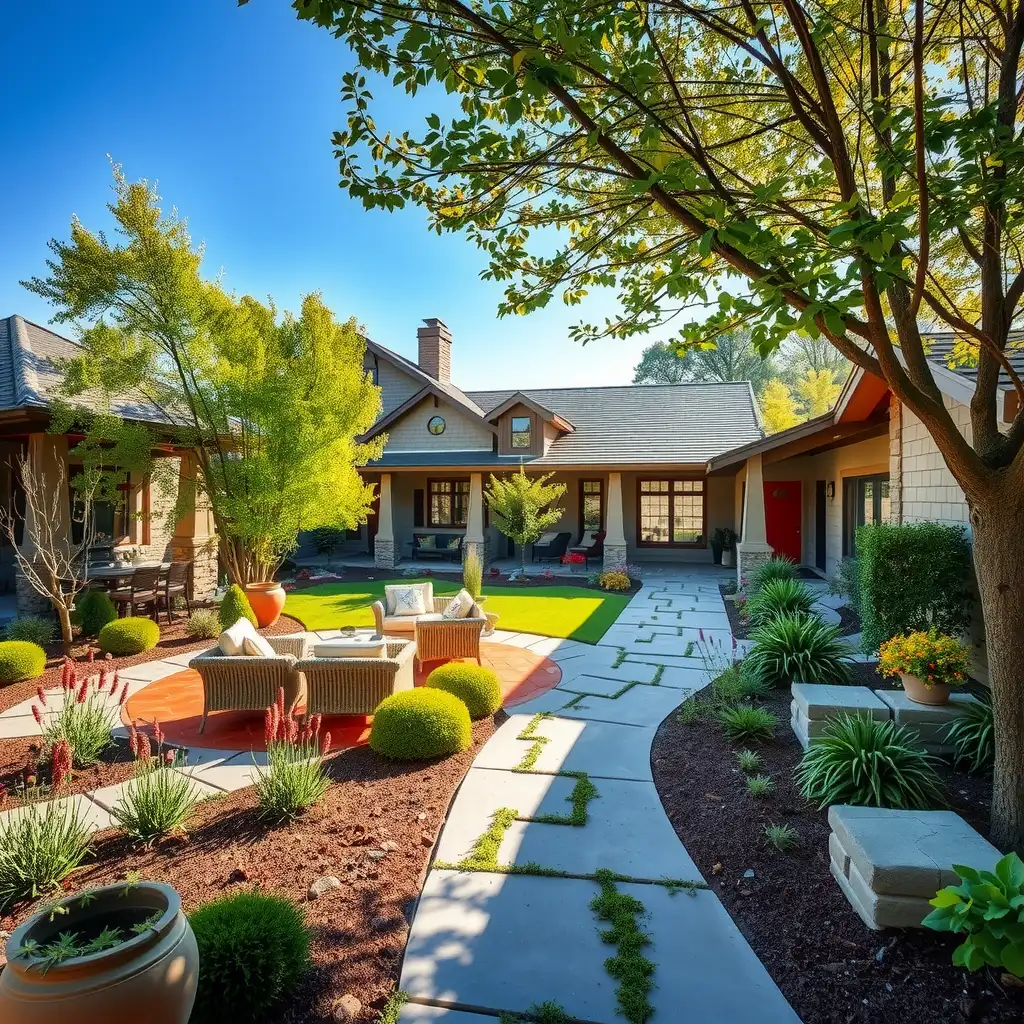 A beautifully designed residential landscape featuring lush greenery, vibrant flowers, elegant hardscaping, and inviting outdoor living areas.