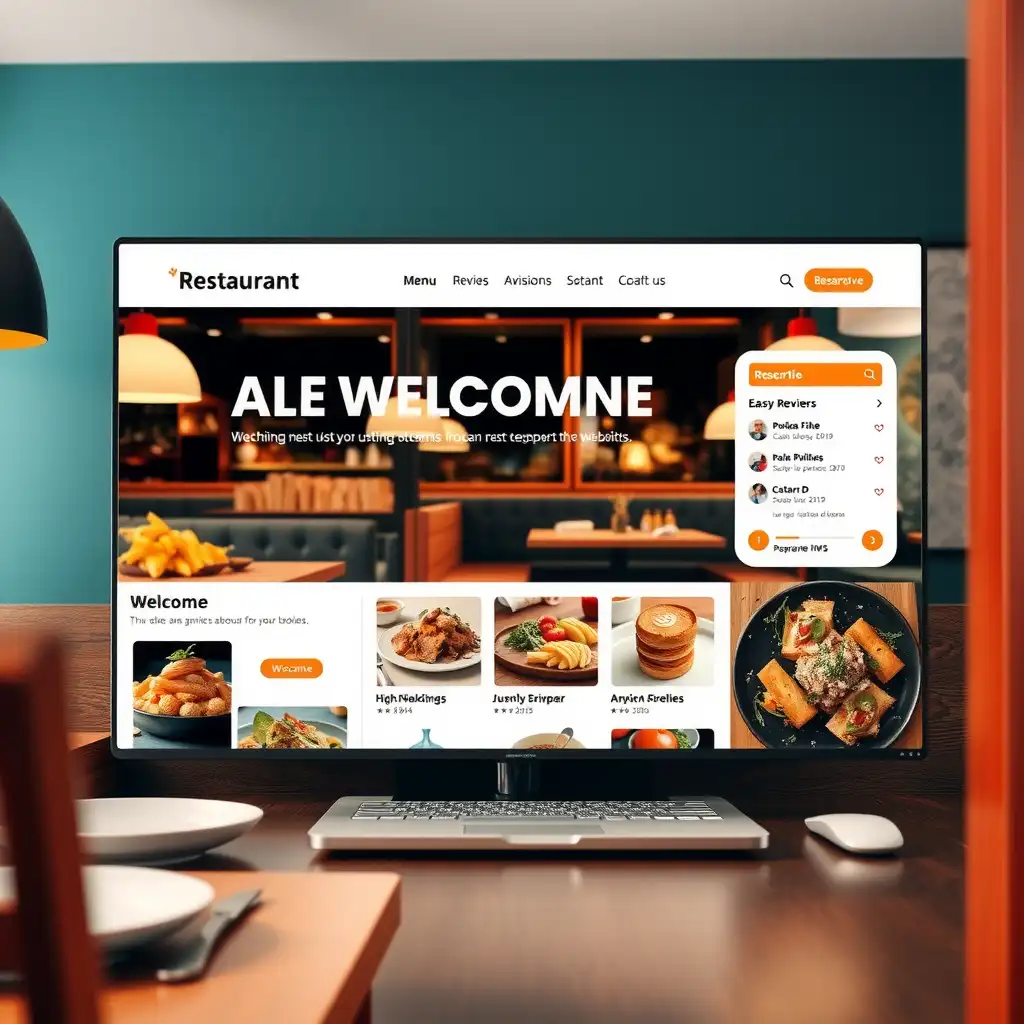 Modern restaurant website interface showcasing vibrant colors, high-quality food images, user-friendly navigation, and elements like customer reviews and a reservation button.