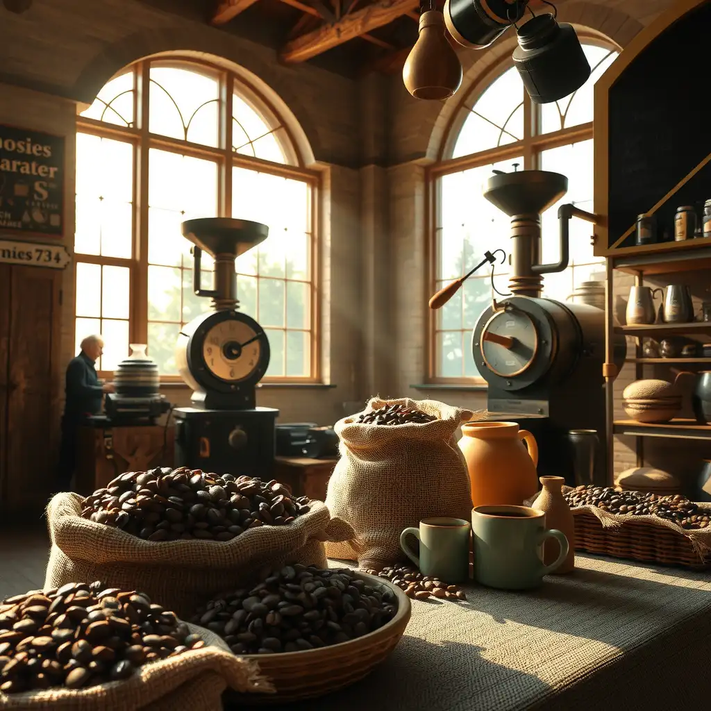 A cozy coffee roasting studio filled with warm light, showcasing vintage roasting equipment, burlap sacks of beans, and artisanal mugs, highlighting the craftsmanship of small-batch coffee roasting.