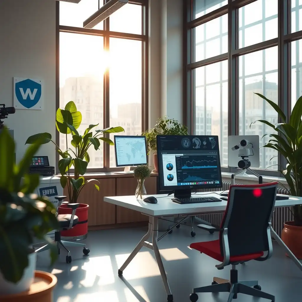 A modern cybersecurity consultant's workspace featuring multiple screens, high-tech equipment, and vibrant plants, illuminated by natural light.