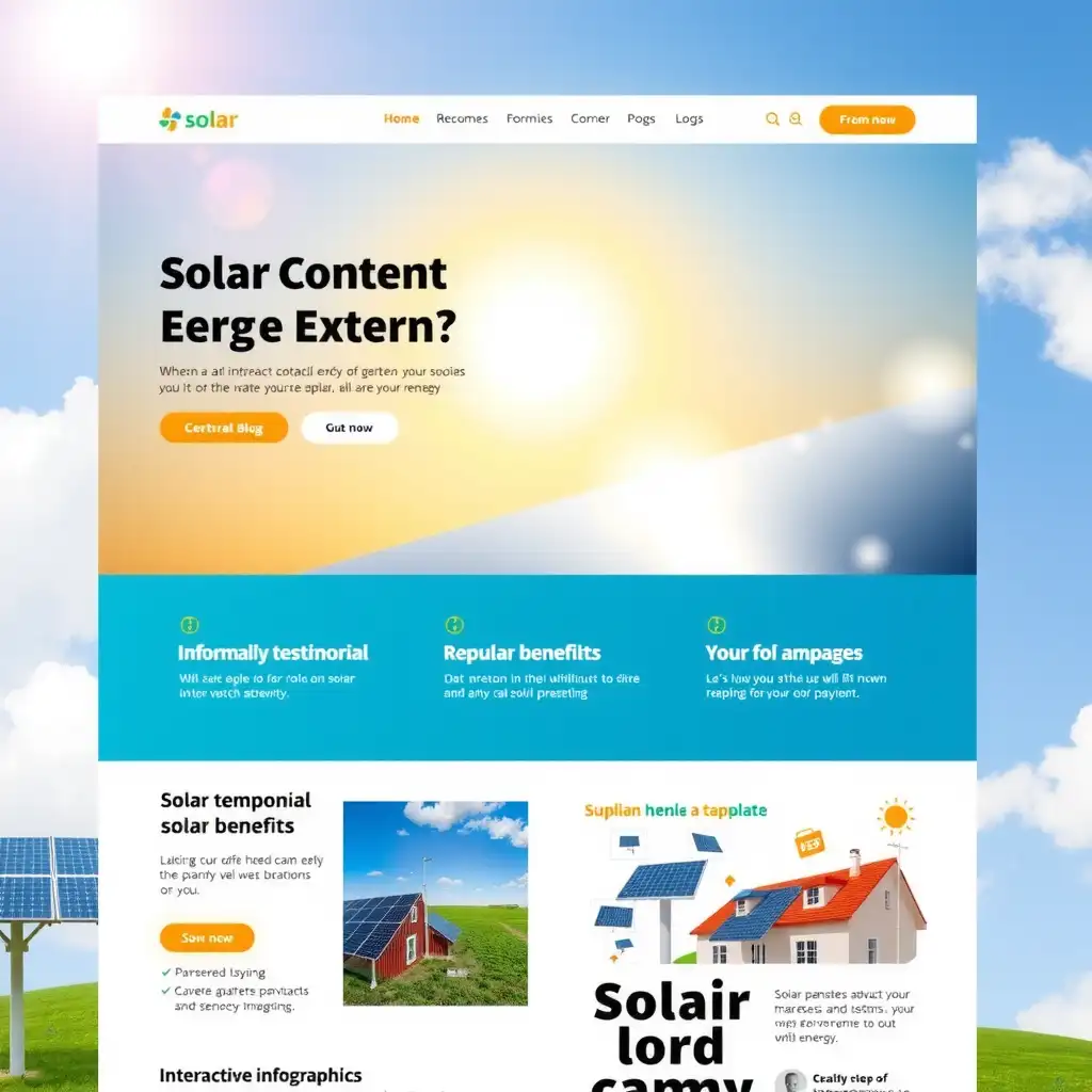 Engaging website layout for solar energy installers featuring vibrant colors, informative sections, customer testimonials, and interactive infographics on renewable energy benefits.