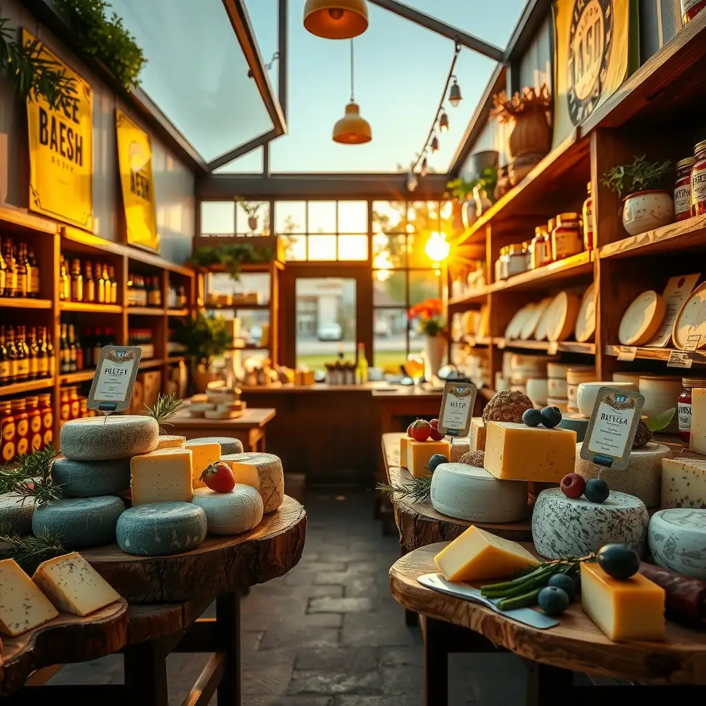 A beautifully arranged display of artisanal cheeses on rustic wooden boards, accompanied by fresh herbs, fruits, and charcuterie, showcasing vibrant colors and textures in a gourmet setting.