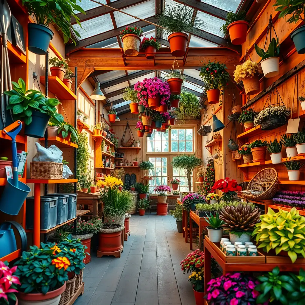 A vibrant specialty gardening supply store filled with colorful plants, tools, and accessories, showcasing organized displays and lush greenery.