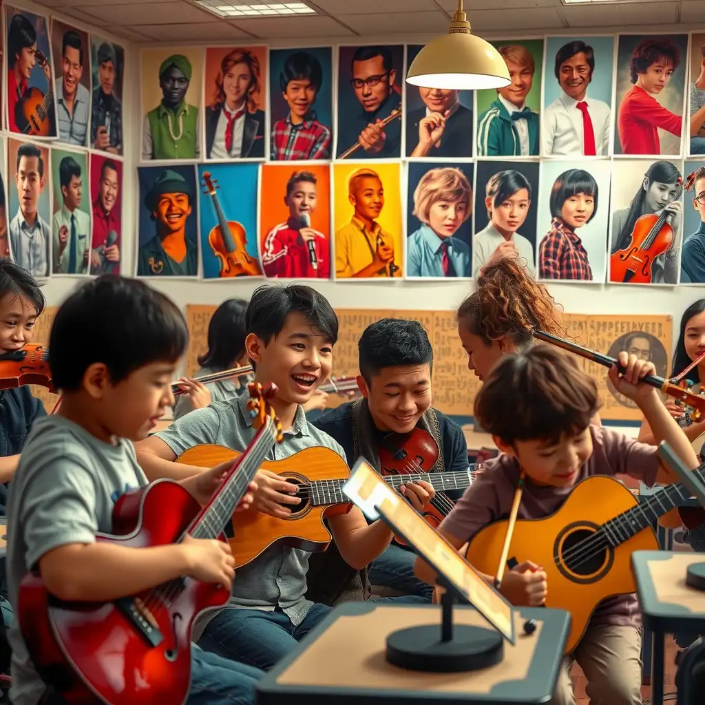 A vibrant music classroom filled with students playing various instruments, surrounded by colorful posters of musical legends, capturing the joy and dedication of learning music.