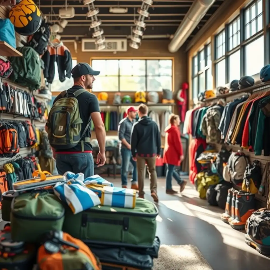 A vibrant outdoor gear store filled with colorful equipment, customers interacting with products, and inviting displays highlighting a variety of camping and hiking gear.