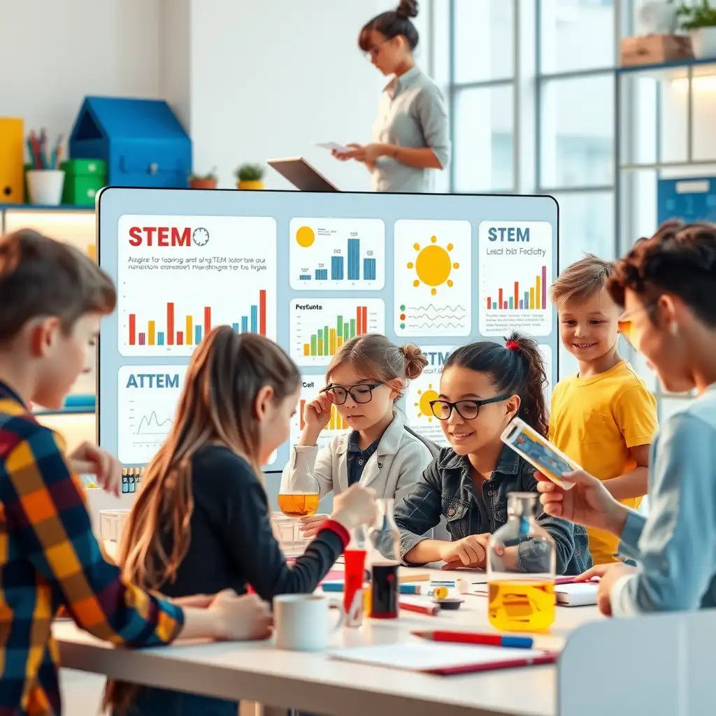 A vibrant STEM tutoring website interface featuring interactive elements, diverse students engaged in hands-on experiments, and colorful illustrations of scientific concepts.