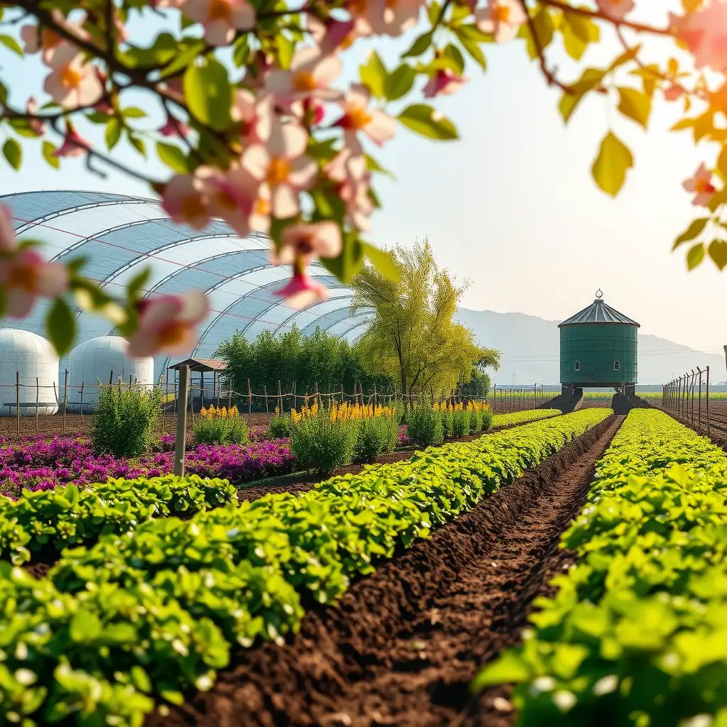 A vibrant digital workspace illustrating sustainable agriculture, featuring flourishing crops, diverse ecosystems, and community engagement, embodying hope and environmental stewardship.