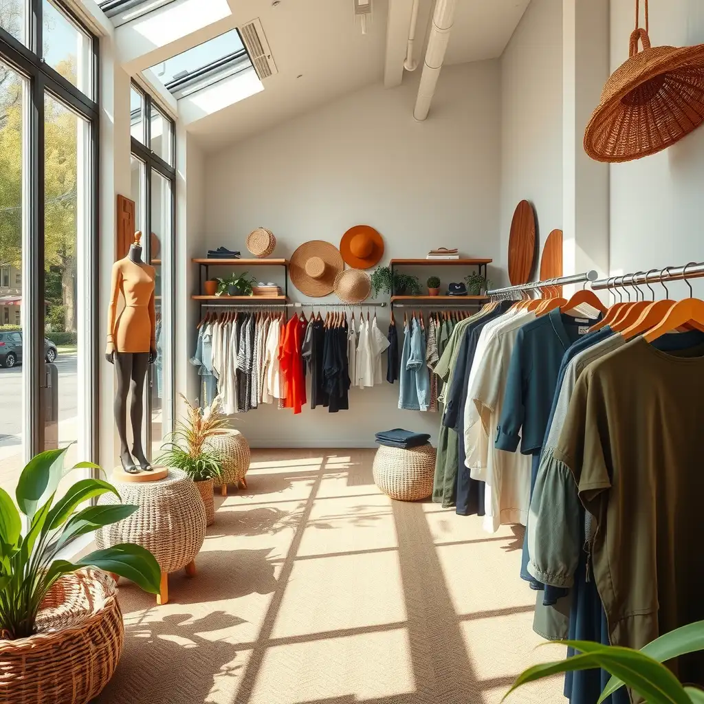 A stylish sustainable clothing boutique featuring eco-friendly displays, natural fabrics, and greenery, highlighting ethical fashion and conscious consumerism.