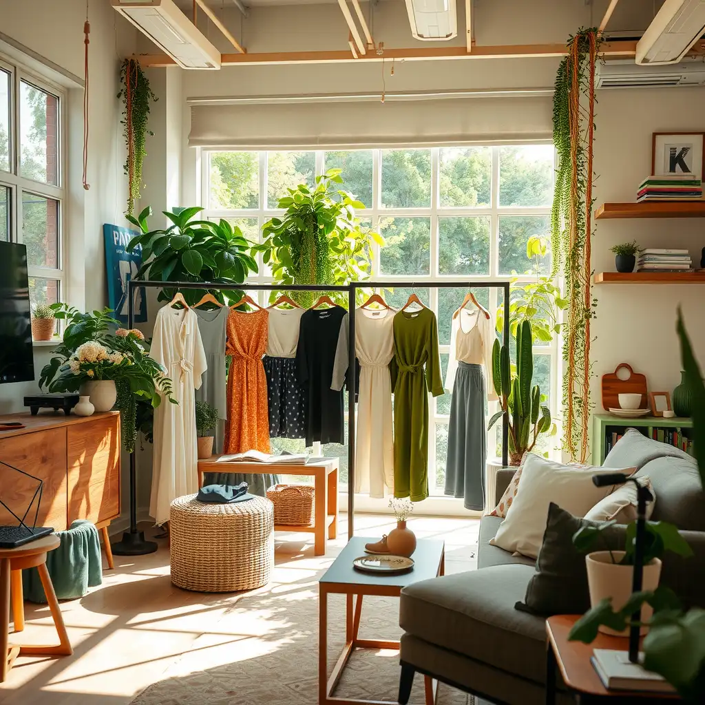 A vibrant workspace showcasing sustainable fashion, featuring eco-friendly materials, stylish clothing displays, and lush greenery that highlights creativity and ethical innovation.