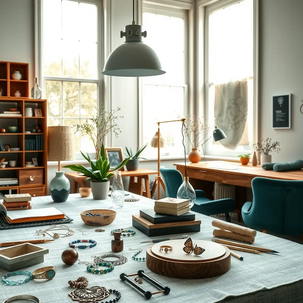 A bright and inviting workspace of a sustainable jewelry designer, featuring eco-friendly materials, intricate jewelry pieces, and design tools arranged thoughtfully, highlighting creativity and artisanal craftsmanship.