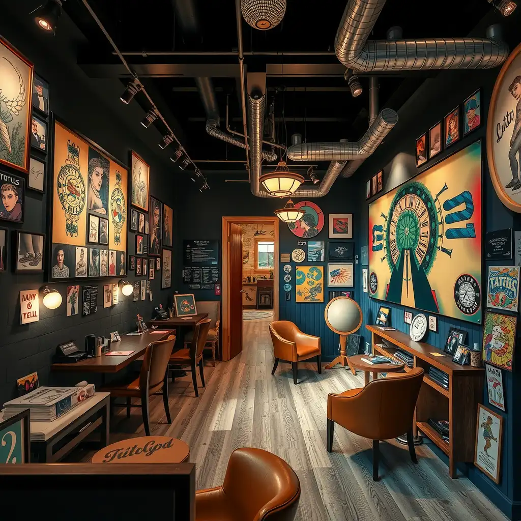 Interior of a modern tattoo parlor showcasing vibrant artwork, comfortable seating, and an inviting atmosphere that reflects creativity and community.