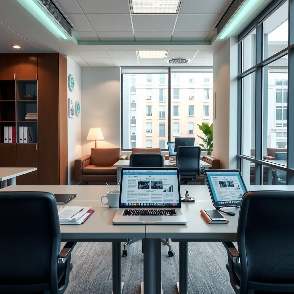 A modern and organized workspace designed for tax consulting, featuring sleek office furniture, open laptops displaying articles, well-arranged documents, and subtle branding elements, conveying professionalism and expertise.