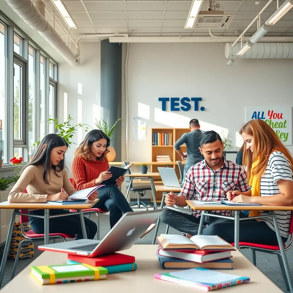 A vibrant study space featuring diverse students engaged in collaborative learning, surrounded by textbooks, laptops, and colorful notes, creating a motivating atmosphere for test preparation.