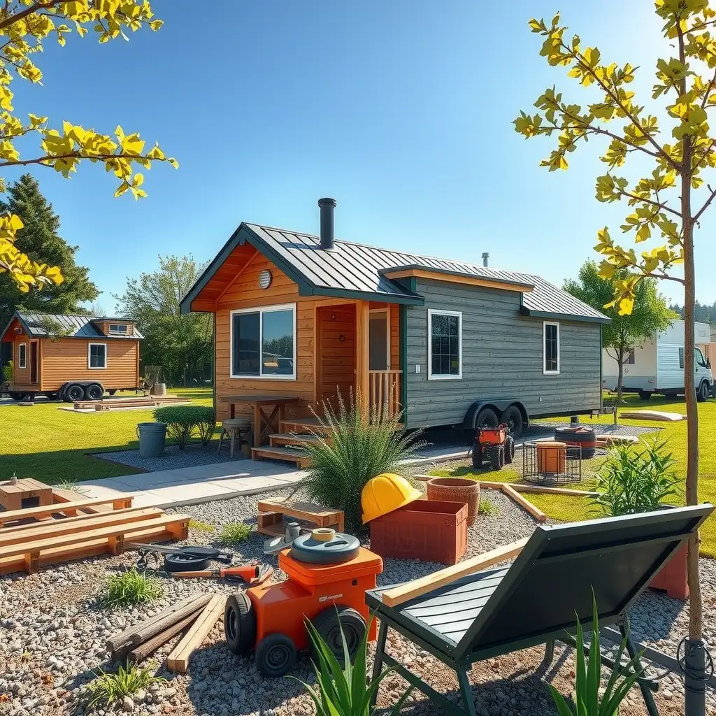 A vibrant scene of a modern tiny home building site showcasing various innovative tiny house models surrounded by lush greenery and construction tools, highlighting elements of sustainability and creativity.