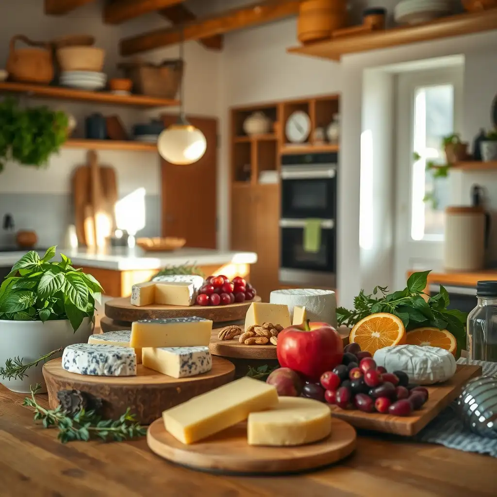 Artisanal vegan cheeses arranged on rustic wooden boards, complemented by fresh herbs, colorful fruits, and nuts, creating an inviting and creative workspace atmosphere.