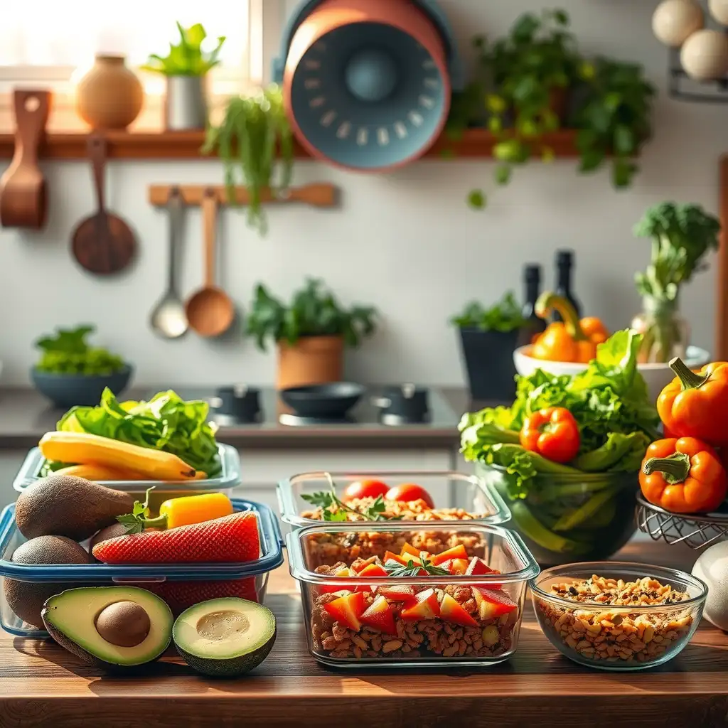 A vibrant kitchen scene showcasing colorful fresh produce and beautifully prepared vegan dishes in glass containers, highlighting the joy of meal prepping with rustic cooking utensils.