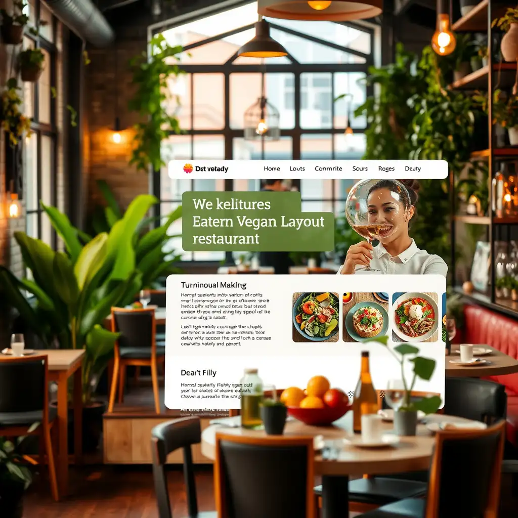 A vibrant vegan restaurant website layout featuring colorful dishes, engaging text about sustainability, and a warm, inviting atmosphere filled with plants.