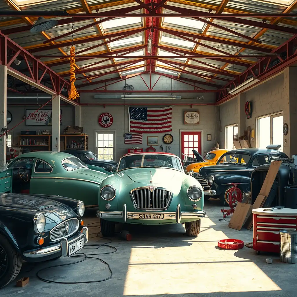 A vintage car restoration workspace filled with classic cars, tools, and memorabilia, showcasing craftsmanship and automotive artistry.