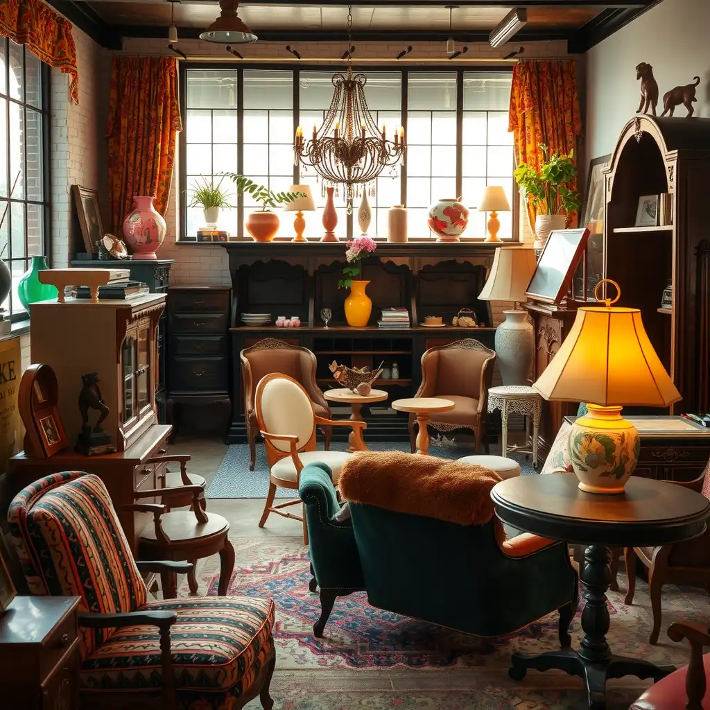 A cozy vintage furniture shop showcasing a curated selection of eclectic pieces, featuring warm lighting, rich textures, and inviting details that evoke nostalgia.