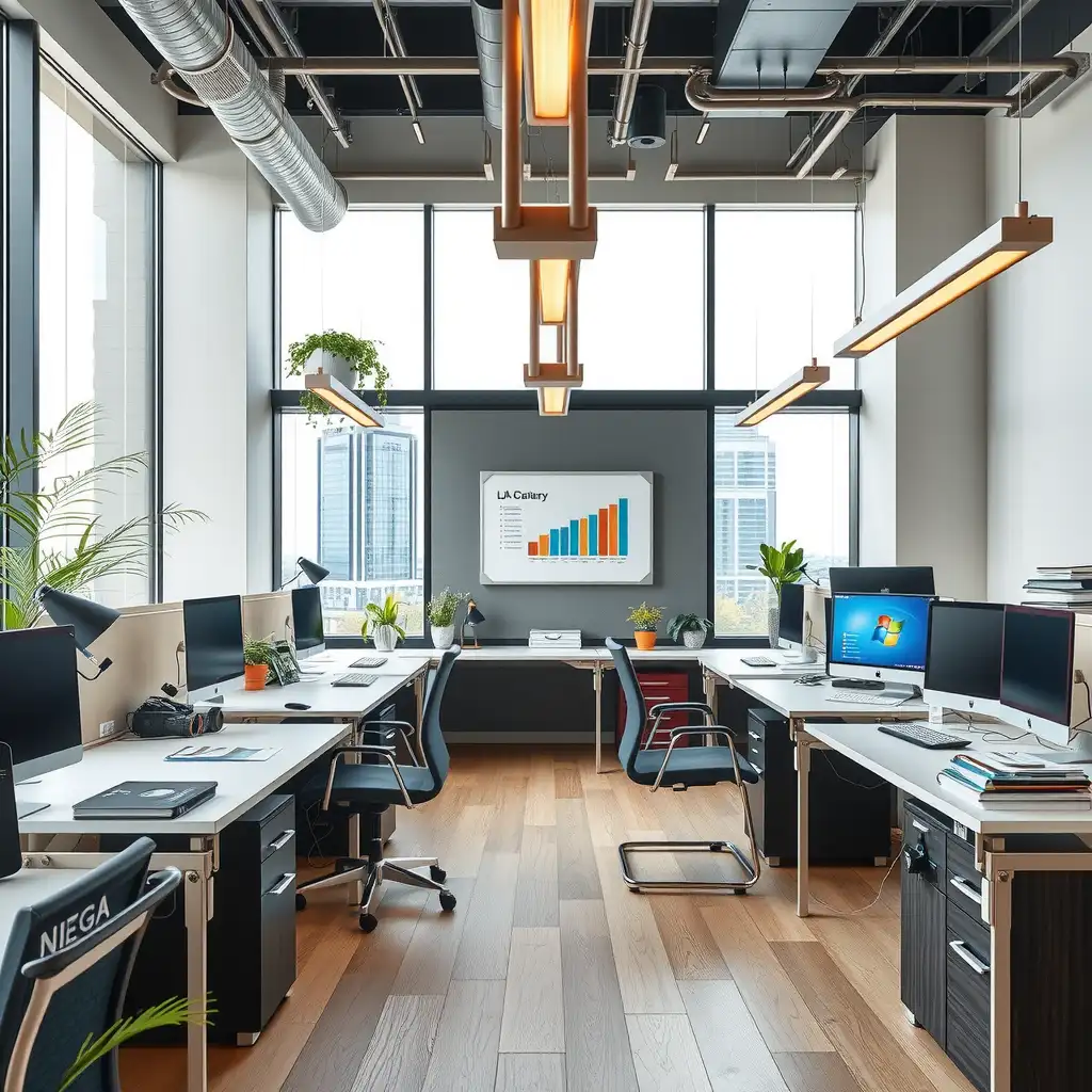 Modern virtual office space for a bookkeeping service, featuring sleek desks, advanced technology, organized financial documents, and touches of greenery, all reflecting professionalism and innovation.