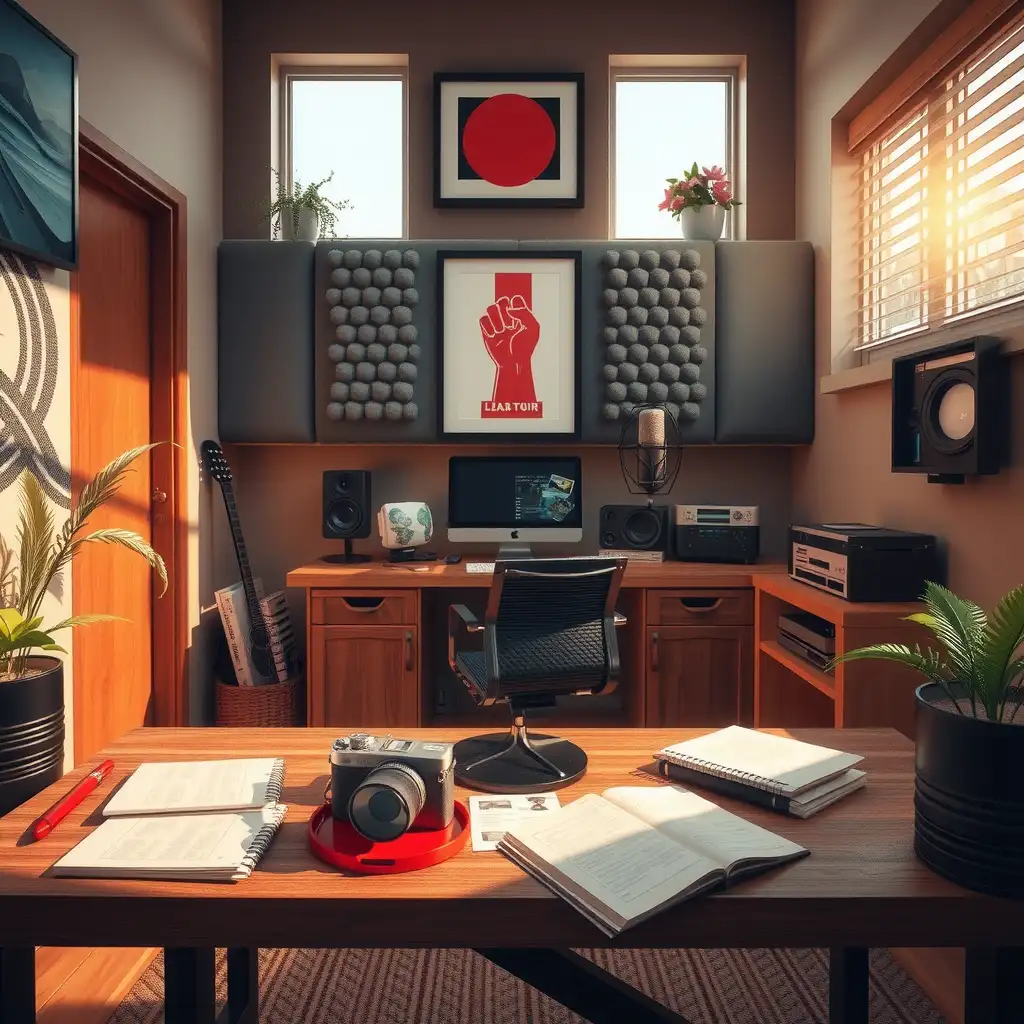 A modern workspace for a voice-over artist featuring a stylish recording booth, high-quality microphones, soundproofing panels, and artistic decor that reflects creativity and professionalism.