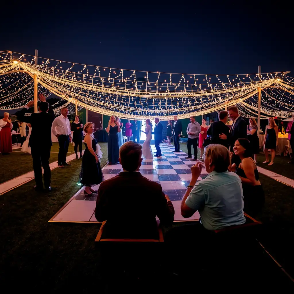 A vibrant wedding reception scene with couples dancing under twinkling fairy lights, featuring a DJ setup and joyful guests enjoying the celebration.