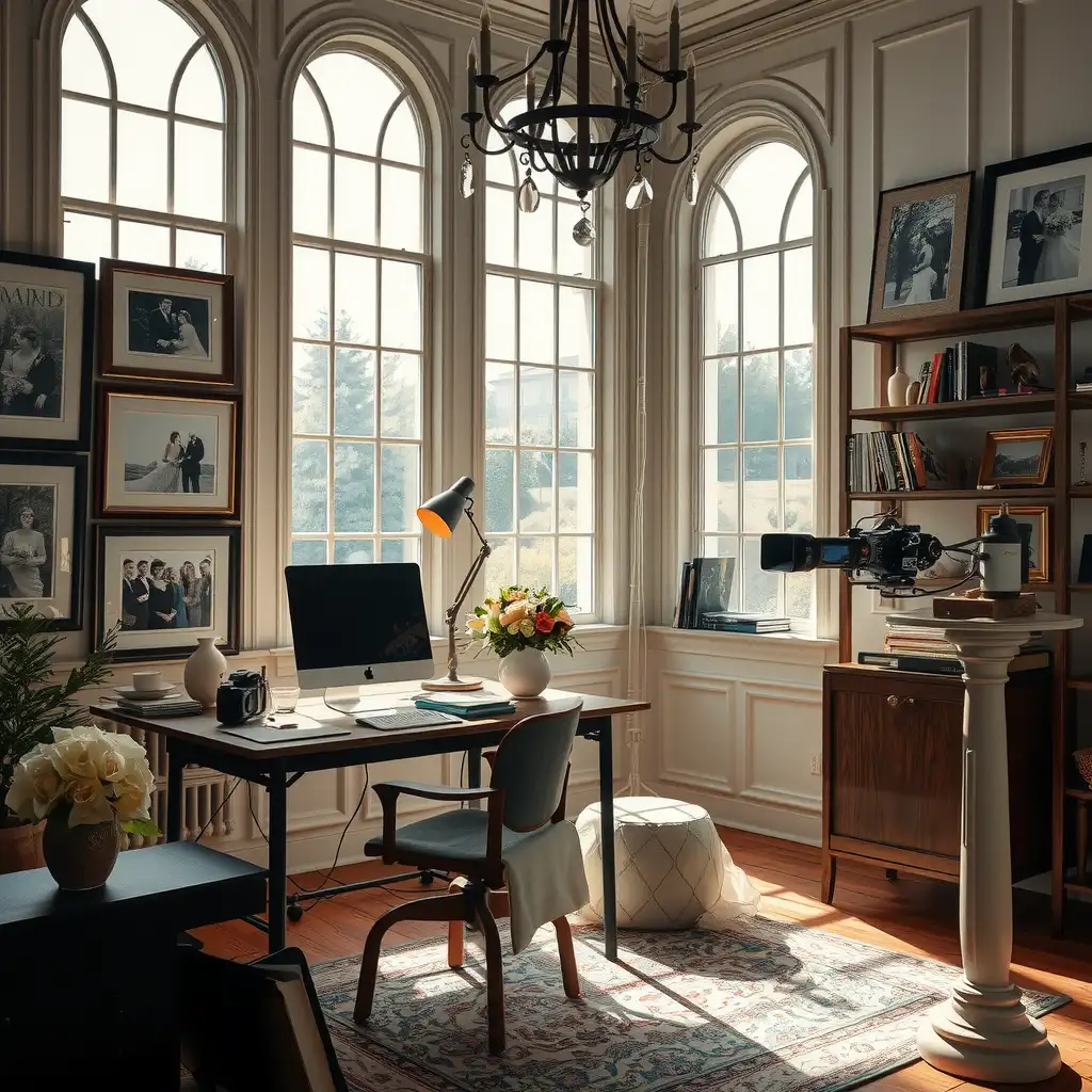 An elegant wedding photographer's workspace featuring vintage cameras, framed wedding photos, and tasteful floral arrangements, illuminated by soft natural light.