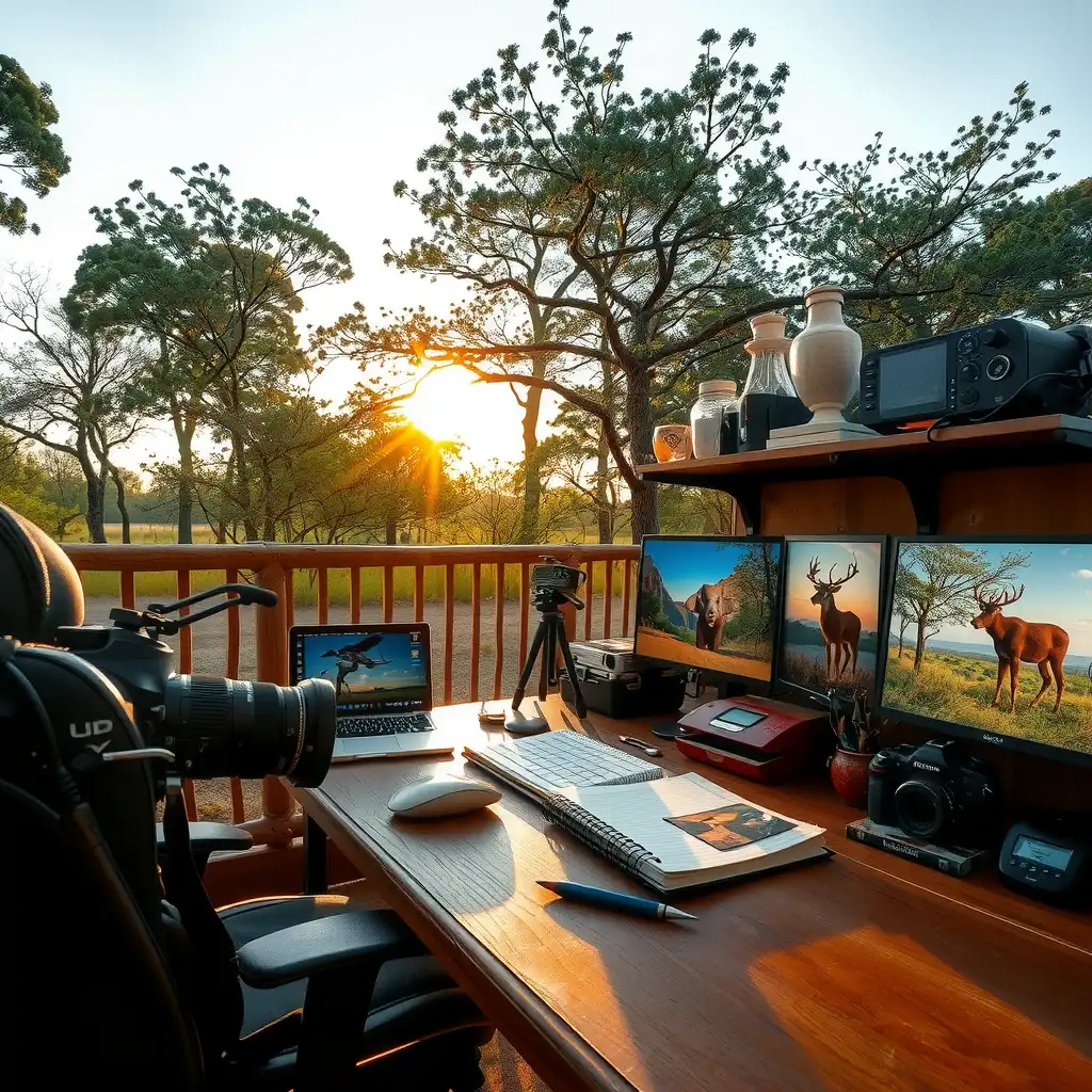 A beautifully arranged wildlife photographer's workspace featuring photography equipment, notebooks, and stunning wildlife images displayed, all set in a serene natural environment with soft, warm lighting.